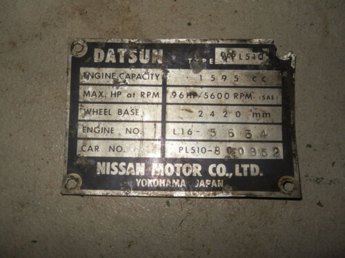 1969 Datsun 510 Bluebird Wagon - ID Tag Plate